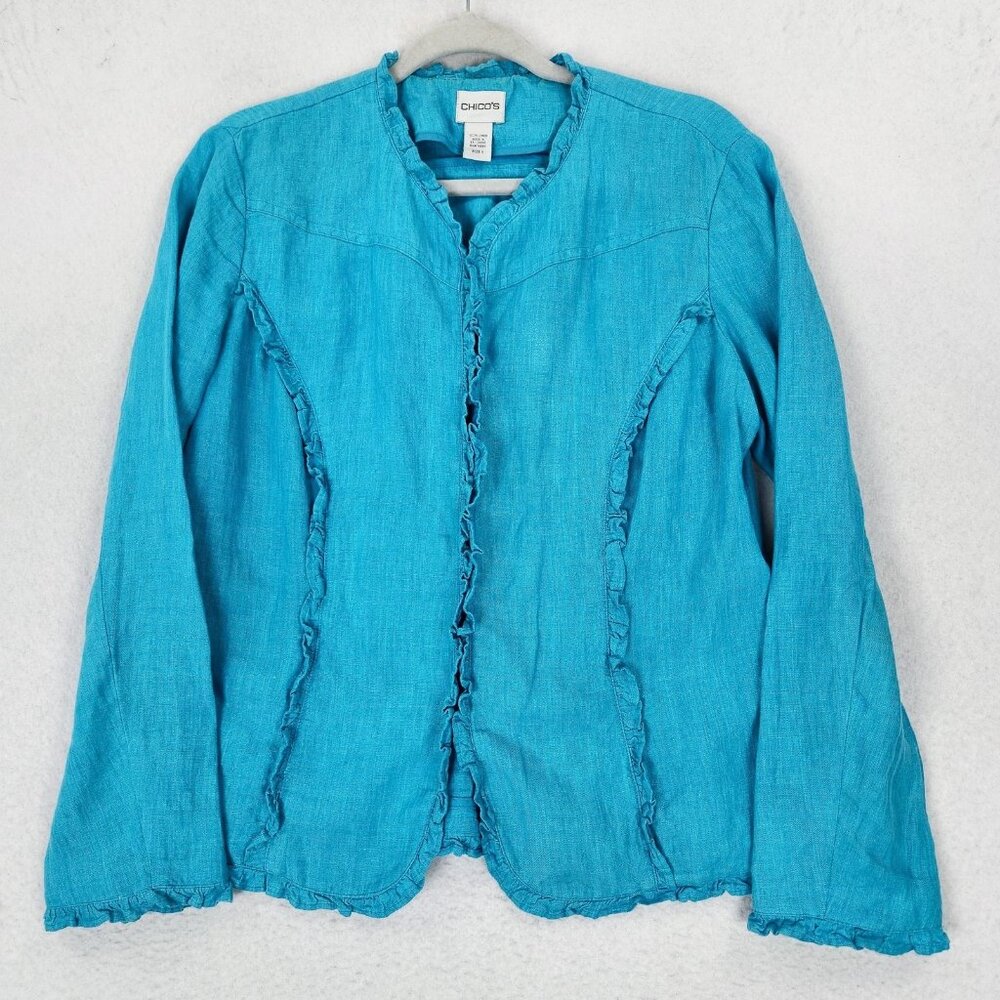 Chicos Jacket Womens 1 Blue 8 Linen Ruffle Classic Lightweight Casual